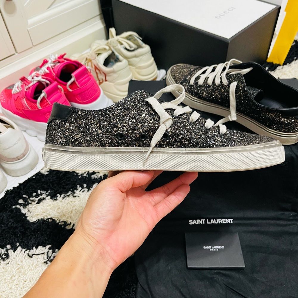 Limited Men’s Size 8 Saint Laurent Glittery Black Dirty Sneakers In Black/White - Picture 2 of 13